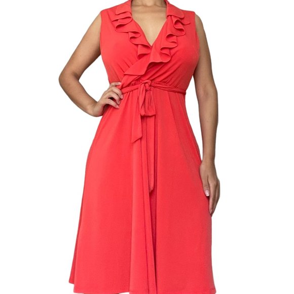 Sandra Darren Womens Dress Size 12 Orange Fit & Flare Sleeveless V-Neck - Picture 2 of 8